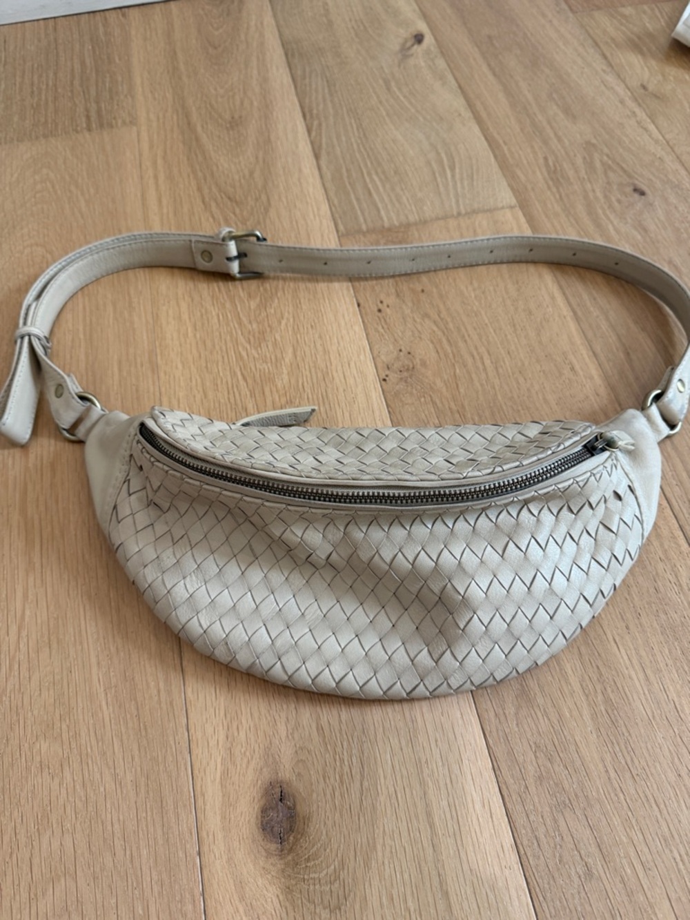 MANDRN Woven Leather Belt Bag in Light Beige